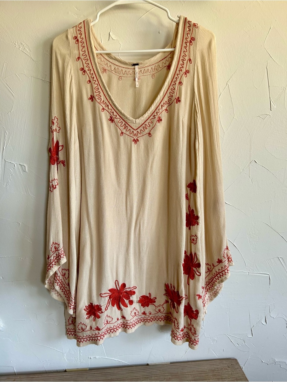 Free People Cream Tunic with Red Floral Embroidery